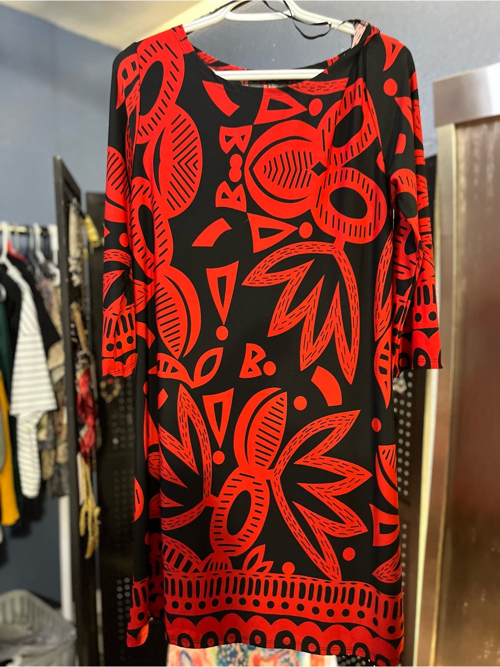 Women’s Black Shift Dress with Red Abstract Print